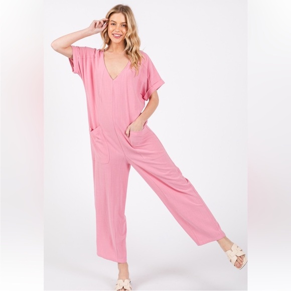 Solid Linen Short Sleeve V-neck Jumpsuit - Picture 4 of 5